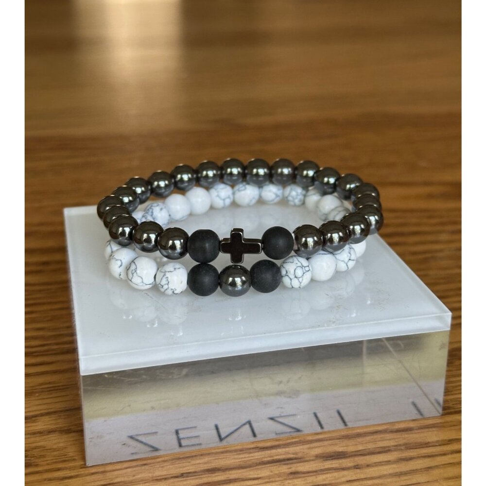 Hematite & Howlite Stretchy Beaded Bracelets Black & White 2Pc Set Cross Charm